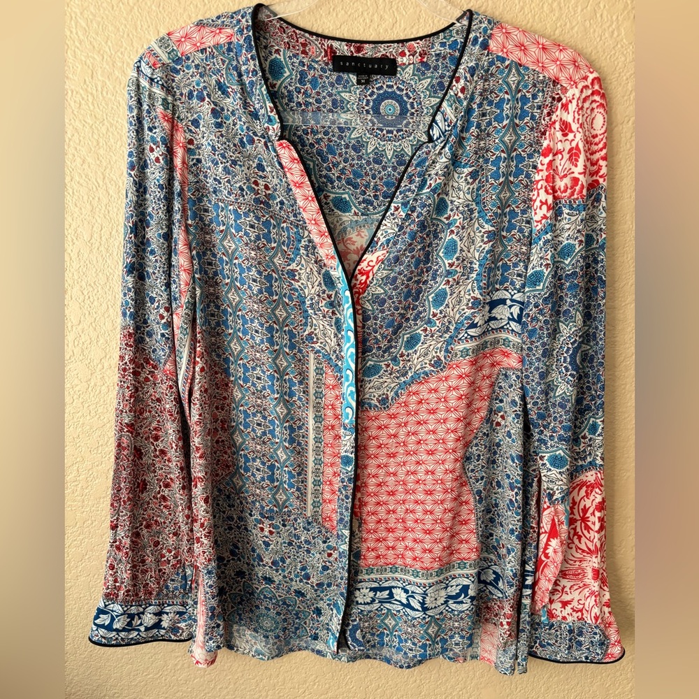 Sanctuary - Blue and Red Patterned V-Neck Long Sleeve Peasant Top